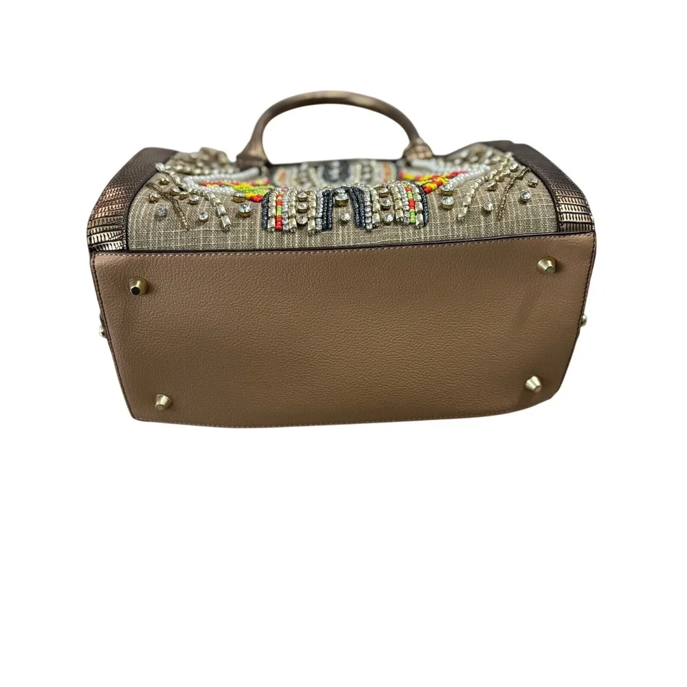 Nicole Lee Beaded Crystal Satchel Bag Metallic Bronze Tan Geometric Boho Handbag